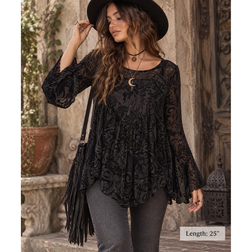 Ultra Pink Black Burnout Velvet Babydoll Top L Sheer Whimsigoth Goth Boho Y2K